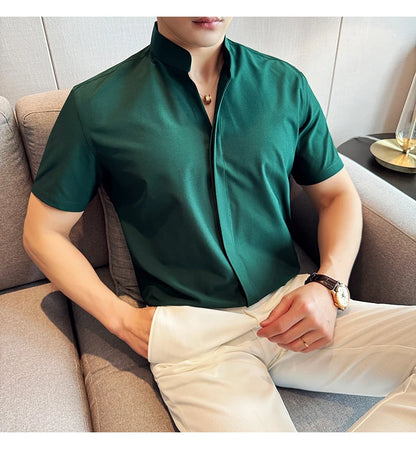 Men’s stand collar V-neck stretch shirt white fashion