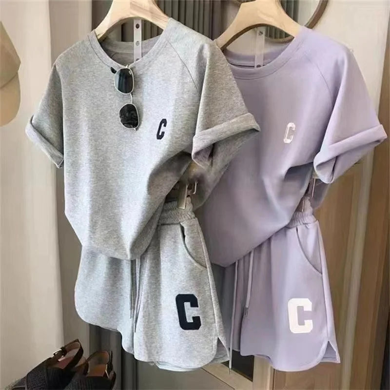 Women C Letter Tracksuit – Tee & Shorts Set
