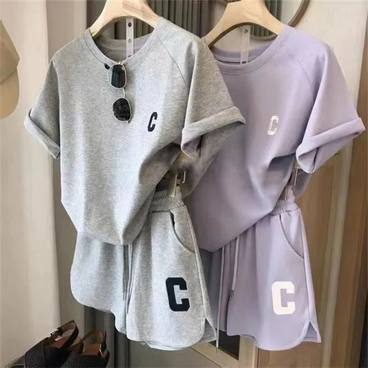 Women C Letter Tracksuit – Tee & Shorts Set