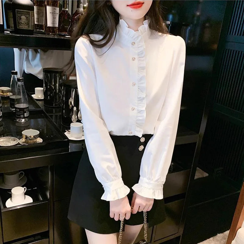 Elegant French style white women’s shirt, long sleeve top