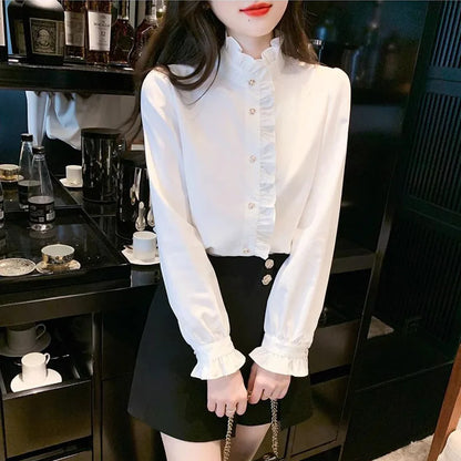 Elegant French style white women’s shirt, long sleeve top