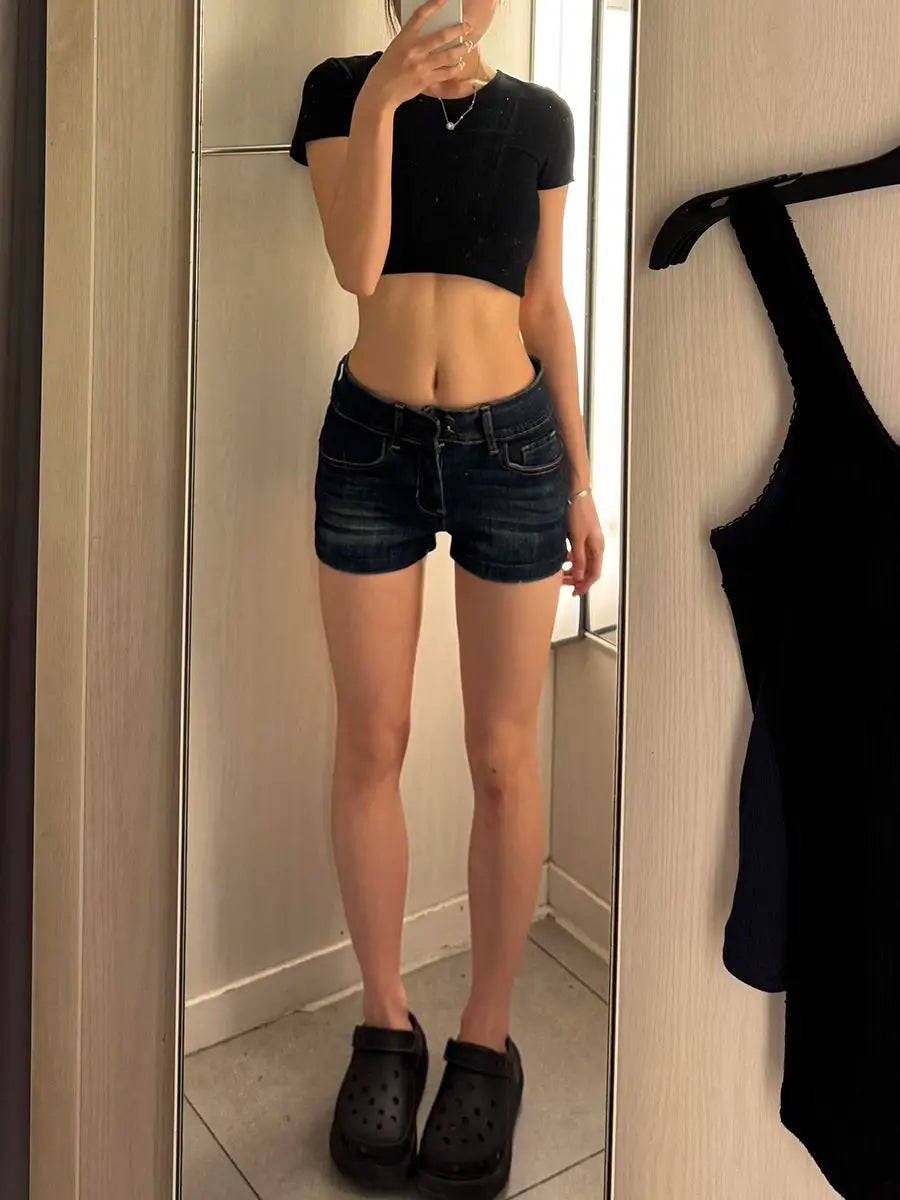 Women's Blue Distressed Denim Shorts – Low Rise Skinny