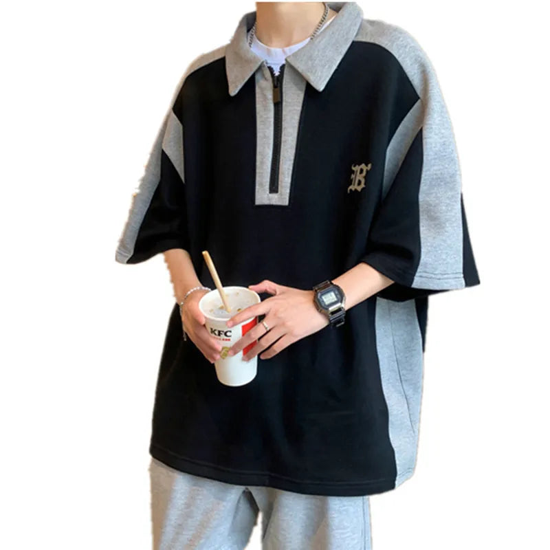 Men's Summer Polo Shirt Casual Loose Zipper Tee