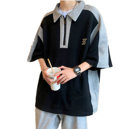 Men's Summer Polo Shirt Casual Loose Zipper Tee