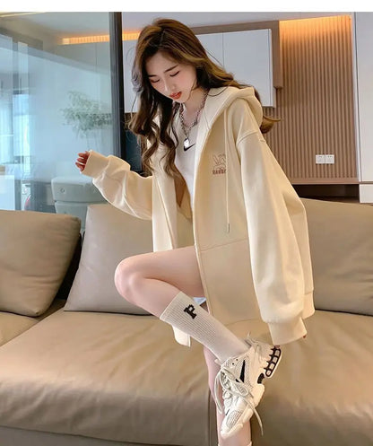 Women Embroidered Zip-Up Hoodie Casual Loose Streetwear Sweatshirt