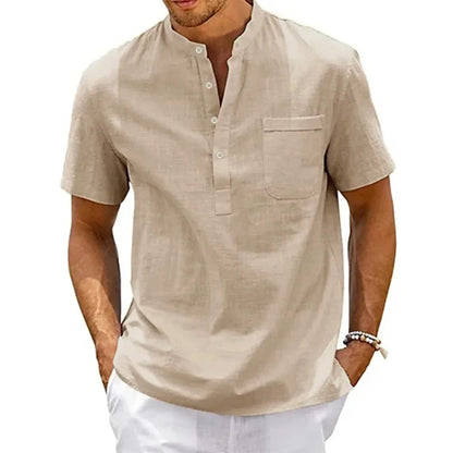 Men's Cotton Linen Henley Pocket Tee Casual Summer Shirt